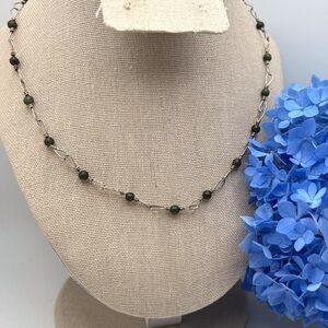 Handcrafted Sterling Silver and Dark Jade Stone Link Necklace Choker Length 16"